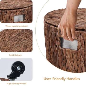 Wimarsbon Vintage Storage Basket, Multipurpose Rolling Hamper With Brakable Wheels and Lid, Braid Laundry Bin, Handwave Clothes Toy Organizer Tote for Living Room