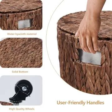 Wimarsbon Vintage Storage Basket, Multipurpose Rolling Hamper With Brakable Wheels and Lid, Braid Laundry Bin, Handwave Clothes Toy Organizer Tote for Living Room