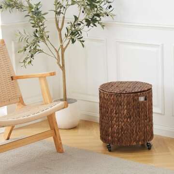 Wimarsbon Vintage Storage Basket, Multipurpose Rolling Hamper With Brakable Wheels and Lid, Braid Laundry Bin, Handwave Clothes Toy Organizer Tote for Living Room