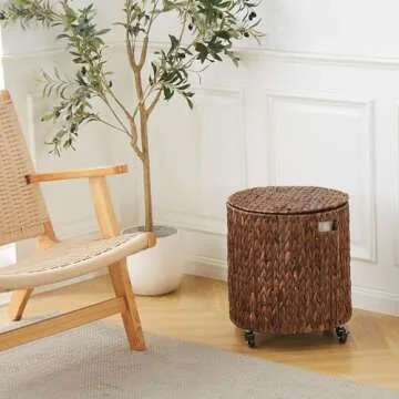 Wimarsbon Vintage Storage Basket, Multipurpose Rolling Hamper With Brakable Wheels and Lid, Braid Laundry Bin, Handwave Clothes Toy Organizer Tote for Living Room