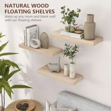 Natural Wood Floating Shelves Set of 3 for Home Decor