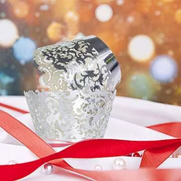 YOZATIA 60 Silver Lace Cupcake Wrappers for Events
