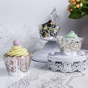 YOZATIA 60 Silver Lace Cupcake Wrappers for Events