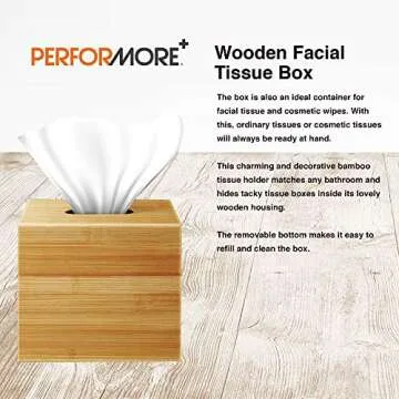 Performore Square Bamboo Tissue Box Cover - Stylish Water-Resistant Wooden Facial Tissue Holder for ...