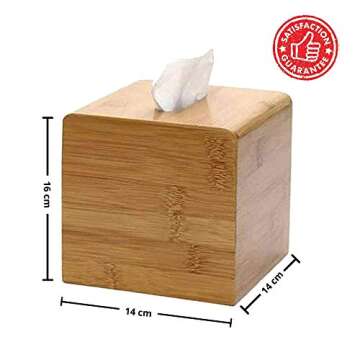 Performore Square Bamboo Tissue Box Cover - Stylish Water-Resistant Wooden Facial Tissue Holder for Bathroom, Office Desk & Nightstand - Compact 16"x14"x14" Design