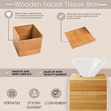 Performore Square Bamboo Tissue Box Cover - Stylish Water-Resistant Wooden Facial Tissue Holder for Bathroom, Office Desk & Nightstand - Compact 16"x14"x14" Design