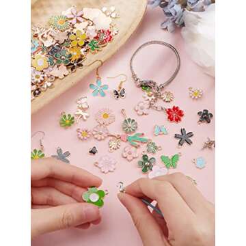 Kalolary 140PCS Spring Enamel Flower Charms for Jewelry Making Easter Gift Summer Flower Themed Pendants Gold-plated Bracelet Charms for Earrings Necklace Bracelet Plant Pendants DIY Making