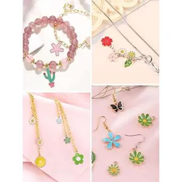 Kalolary 140PCS Spring Enamel Flower Charms for Jewelry Making Easter Gift Summer Flower Themed Pendants Gold-plated Bracelet Charms for Earrings Necklace Bracelet Plant Pendants DIY Making
