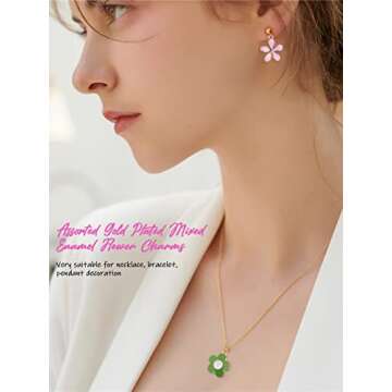 Kalolary 140PCS Spring Enamel Flower Charms for Jewelry Making Easter Gift Summer Flower Themed Pendants Gold-plated Bracelet Charms for Earrings Necklace Bracelet Plant Pendants DIY Making