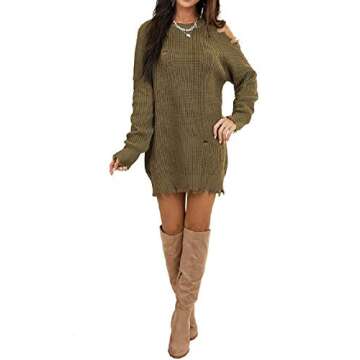 LunaJany Women's Winter Cold Shoulder Knit Distressed Pullover Tunic Long Sweater