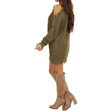 LunaJany Women's Winter Cold Shoulder Knit Distressed Pullover Tunic Long Sweater