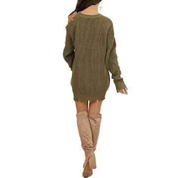 LunaJany Women's Winter Cold Shoulder Knit Distressed Pullover Tunic Long Sweater