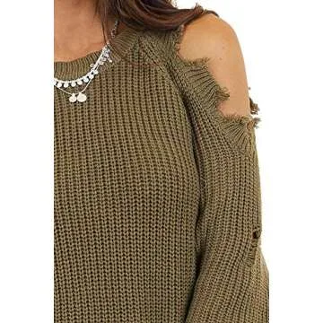 LunaJany Women's Winter Cold Shoulder Knit Distressed Pullover Tunic Long Sweater
