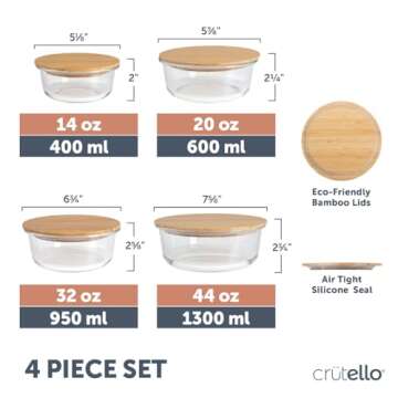 Crutello Glass Meal Prep Containers with Bamboo Lids, 4 Pack - Airtight Clear Food Storage Canisters...