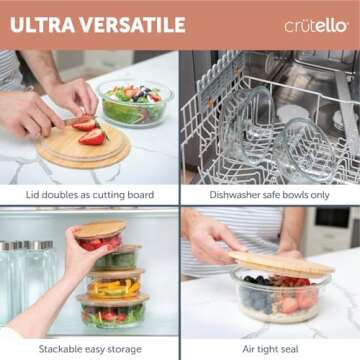 Crutello Glass Meal Prep Containers with Bamboo Lids, 4 Pack - Airtight Clear Food Storage Canisters for Kitchen Organization - A Family-Owned American Brand