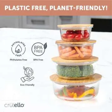 Crutello Glass Meal Prep Containers with Bamboo Lids, 4 Pack - Airtight Clear Food Storage Canisters for Kitchen Organization - A Family-Owned American Brand