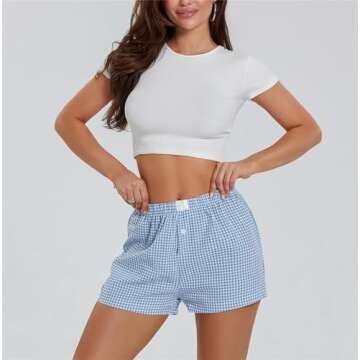 Women Gingham Boxer Shorts Y2k Cute Stripes Plaid Button Elastic Waist Lounge Boxers Blue L