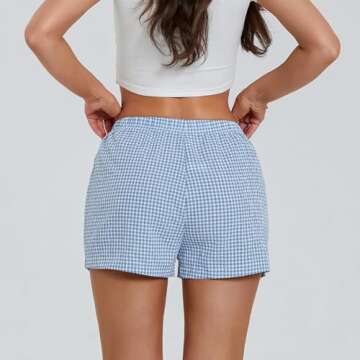Women Gingham Boxer Shorts Y2k Cute Stripes Plaid Button Elastic Waist Lounge Boxers Blue L
