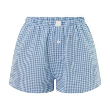 Women Gingham Boxer Shorts Y2k Cute Stripes Plaid Button Elastic Waist Lounge Boxers Blue L