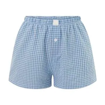 Women Gingham Boxer Shorts Y2k Cute Stripes Plaid Button Elastic Waist Lounge Boxers Blue L