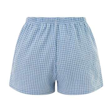 Women Gingham Boxer Shorts Y2k Cute Stripes Plaid Button Elastic Waist Lounge Boxers Blue L