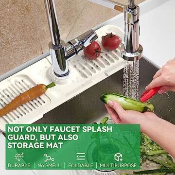 Kitchen Sink Splash Guard 17.7 x 5.5 Inch, Toovem Faucet Handle Drip Catcher Tray, Longer Silicone S...