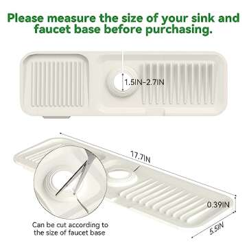 Kitchen Sink Splash Guard 17.7 x 5.5 Inch, Toovem Faucet Handle Drip Catcher Tray, Longer Silicone Sink Faucet Mat, Dish Soap Sponge Holder for Kitchen, Bathroom, Farmhouse, Bar, Rv, Beige White