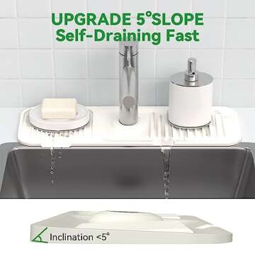 Kitchen Sink Splash Guard 17.7 x 5.5 Inch, Toovem Faucet Handle Drip Catcher Tray, Longer Silicone Sink Faucet Mat, Dish Soap Sponge Holder for Kitchen, Bathroom, Farmhouse, Bar, Rv, Beige White