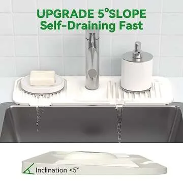 Kitchen Sink Splash Guard 17.7 x 5.5 Inch, Toovem Faucet Handle Drip Catcher Tray, Longer Silicone Sink Faucet Mat, Dish Soap Sponge Holder for Kitchen, Bathroom, Farmhouse, Bar, Rv, Beige White