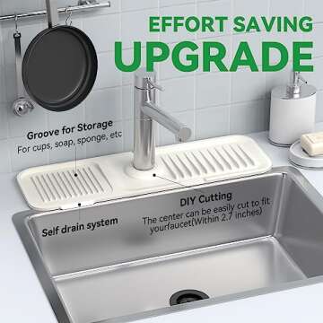 Kitchen Sink Splash Guard 17.7 x 5.5 Inch, Toovem Faucet Handle Drip Catcher Tray, Longer Silicone Sink Faucet Mat, Dish Soap Sponge Holder for Kitchen, Bathroom, Farmhouse, Bar, Rv, Beige White