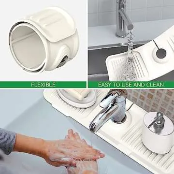 Kitchen Sink Splash Guard 17.7 x 5.5 Inch, Toovem Faucet Handle Drip Catcher Tray, Longer Silicone Sink Faucet Mat, Dish Soap Sponge Holder for Kitchen, Bathroom, Farmhouse, Bar, Rv, Beige White
