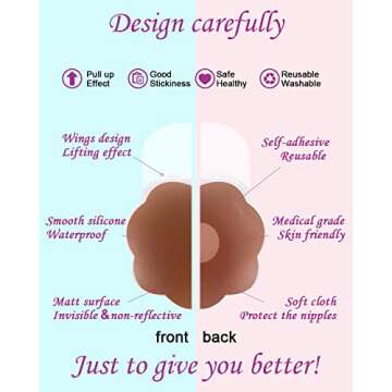 MSLO Lifting Nipple Covers Breast Petals Reusable Adhesive Invisible Bra Silicone Sticky Pasties Lift Wing for Women (2.6 inchs, Brown, 4)
