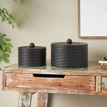 Deco 79 Wooden Large Round Ribbed Storage Box, Set of 3 10", 8"W, Black