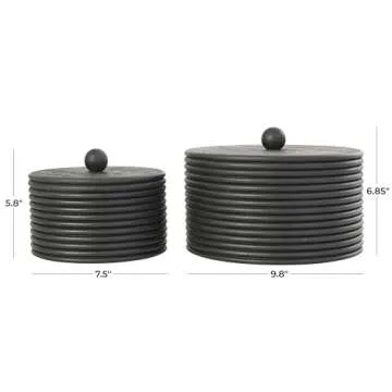 Deco 79 Wooden Large Round Ribbed Storage Box, Set of 3 10", 8"W, Black
