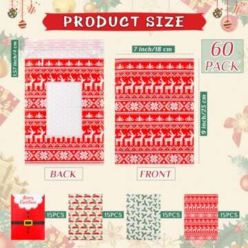 Cholemy 60 Pcs Christmas Bubble Mailers 7" x 9" Holiday Padded Envelopes with Writable Area Xmas Rei...