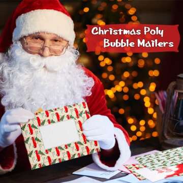 Cholemy 60 Pcs Christmas Bubble Mailers 7" x 9" Holiday Padded Envelopes with Writable Area Xmas Reindeer Holly Poly Bubble Padded Mailers Retailer Holiday Shipping Bags with Self Seal Strip