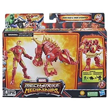 Marvel Mech Strike Mechasaurs, 4-Inch Iron Man with Iron Stomper Mechasaur Action Figures, Super Her...