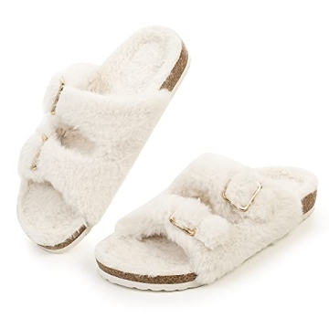 FITORY Women's Cozy Faux Fur Open Toe Slipper Sandals, Beige Size 6