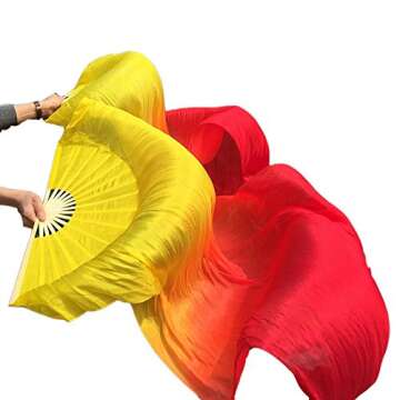 100% Real Silk Chinese Belly Dance Fan Veil Hand Made Silk Fan 180 * 90cm Yellow Orange Red