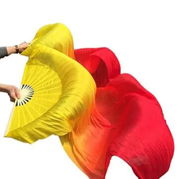 100% Real Silk Chinese Belly Dance Fan Veil Hand Made Silk Fan 180 * 90cm Yellow Orange Red