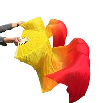 100% Real Silk Chinese Belly Dance Fan Veil Hand Made Silk Fan 180 * 90cm Yellow Orange Red