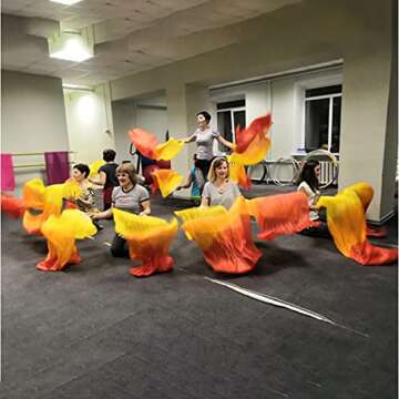 100% Real Silk Chinese Belly Dance Fan Veil Hand Made Silk Fan 180 * 90cm Yellow Orange Red