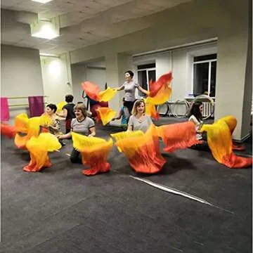 100% Real Silk Chinese Belly Dance Fan Veil Hand Made Silk Fan 180 * 90cm Yellow Orange Red