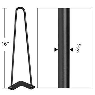 TE DEUM 16" Satin Black Hairpin Coffee Table Legs(Set of 4), Metal Heavy Duty Sturdy Sharp Looking M...