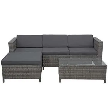 SUNVIVI OUTDOOR 5 Pieces Patio Furniture Sets All Weather Outdoor Sectional Sofa Manual Weaving Wicker Rattan Outdoor Conversation Set with with Cushion and Glass Table, Grey