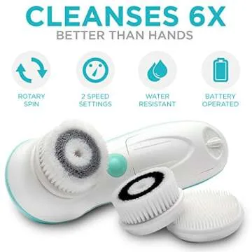Waterproof Facial Cleansing Spin Brush Set with 3 Exfoliating Brush Heads - Complete Face Spa System...