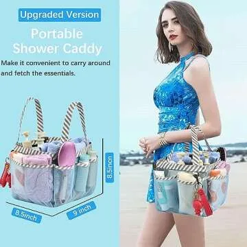 Haundry Mesh Shower Caddy Tote, Portable Shower Caddy Bag with 8 Pockets for College Dorm Room Essentials, Beach, Swimming, Gym