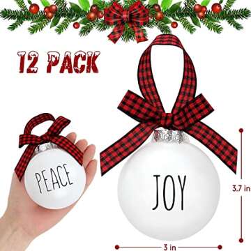 KaKaPops Christmas Ball Ornaments, 12 PCS 3'' White Farmhouse Christmas Ornaments with Hangable Buffalo Plaid Bow Shatterproof Plastic Decorative Bulbs Ornaments for Christmas Tree Decoration