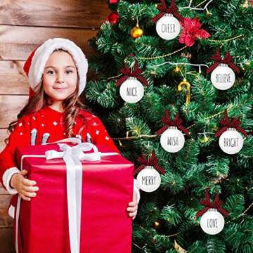 KaKaPops Christmas Ball Ornaments, 12 PCS 3'' White Farmhouse Christmas Ornaments with Hangable Buffalo Plaid Bow Shatterproof Plastic Decorative Bulbs Ornaments for Christmas Tree Decoration