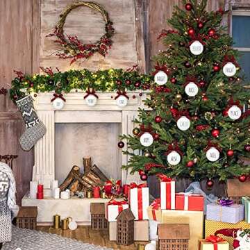 KaKaPops Christmas Ball Ornaments, 12 PCS 3'' White Farmhouse Christmas Ornaments with Hangable Buffalo Plaid Bow Shatterproof Plastic Decorative Bulbs Ornaments for Christmas Tree Decoration